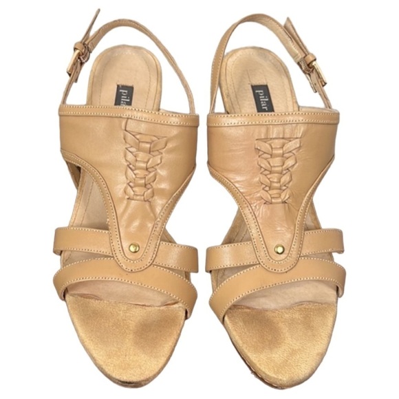 Pilar Abril Tan Leather Braided High Heel Platform Sandals Size 8.5 - Picture 3 of 9